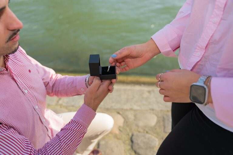 A romantic proposal taking place by a serene riverside, highlighting love and commitment.